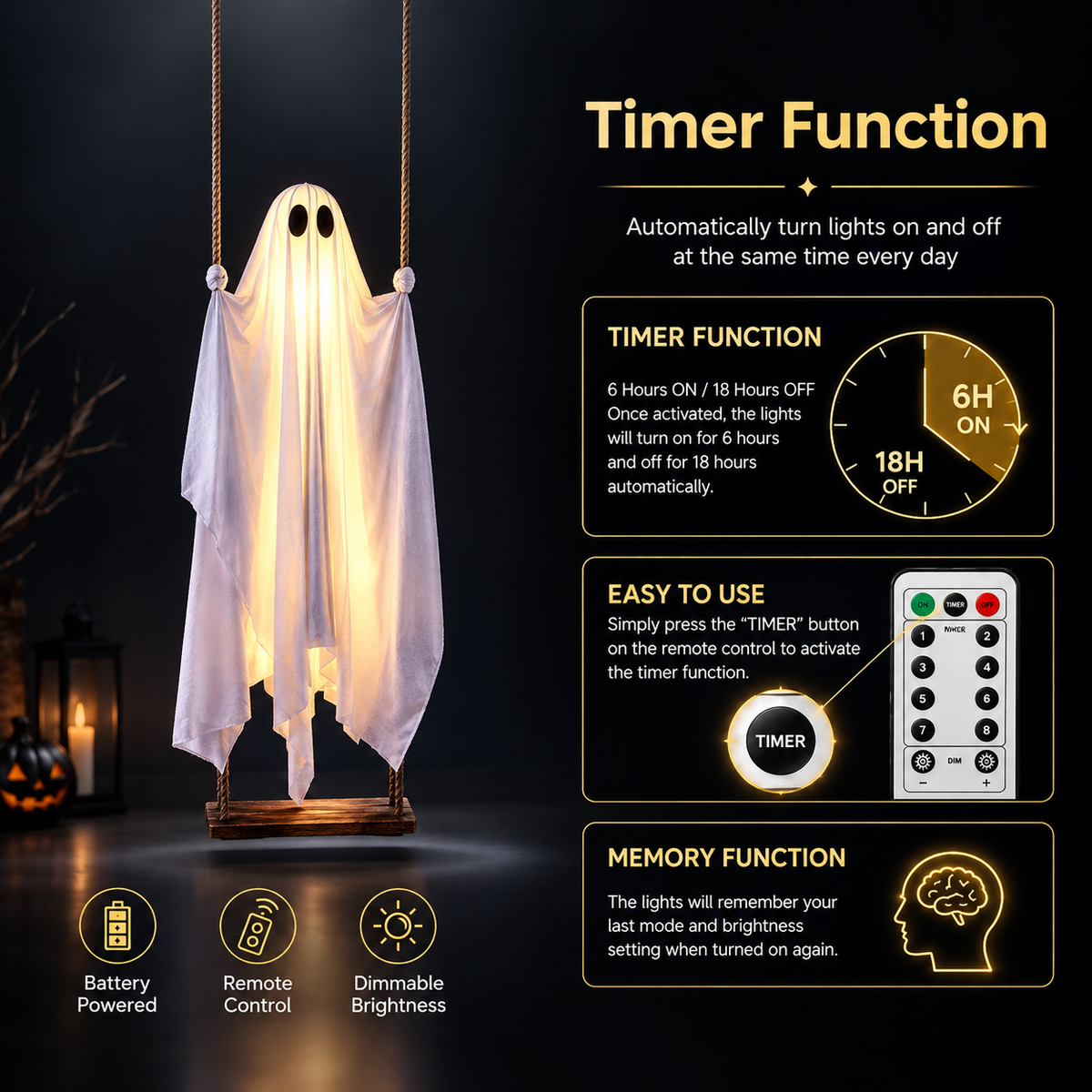 Halloween Decorations Outdoor - 5FT Large Hanging Ghost Swing with Remote Control String Lights