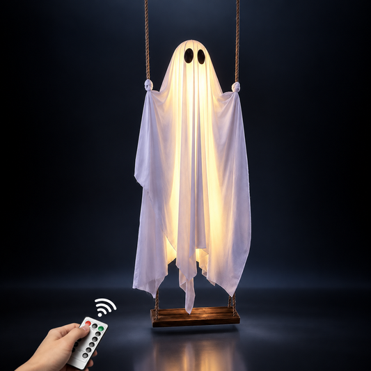Halloween Decorations Outdoor - 5FT Large Hanging Ghost Swing with Remote Control String Lights